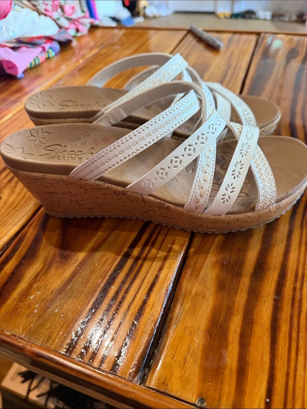 Skechers Cream Floral Laser-Cut Wedge Sandals - Picture 1 of 4